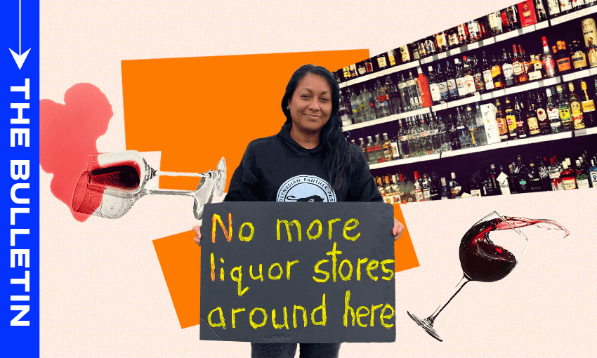 A woman holding a sign that reads "No more liquor stores around here" stands in front of shelves filled with liquor bottles, with wine glasses and "THE BULLETIN" text on the left.