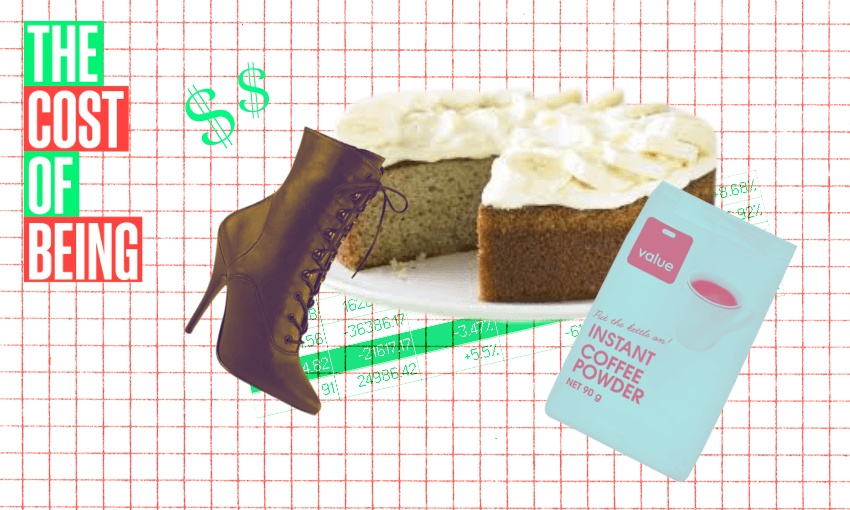 the cost of being logo on the left with a black high heeled boot, a packet of cheap instant coffee and a homemade carrot cake