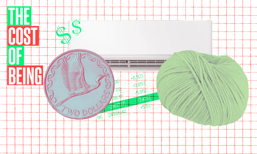 A graphic with the text "THE COST OF BEING" on the left, a $2 coin, an air conditioner, green dollar signs, and a green ball of yarn on a red grid background with financial figures.