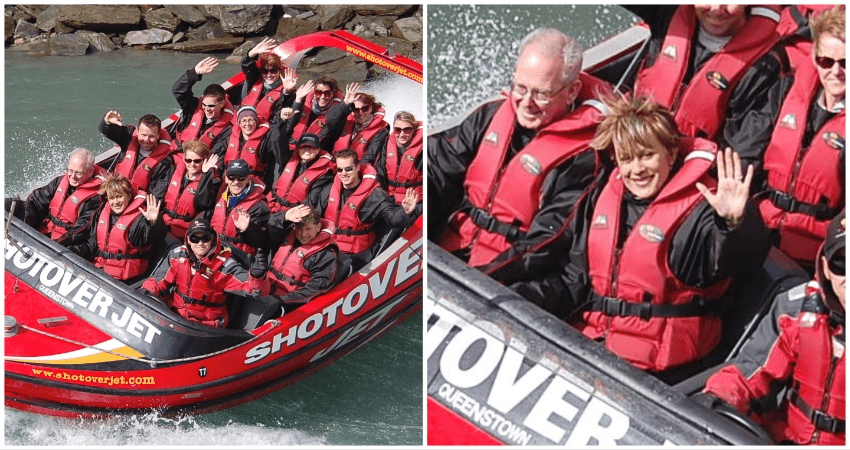 A two panel image with a wide shot of Kiri Te Kanawa's shotover on the left, and a close up of her waving on the right. 