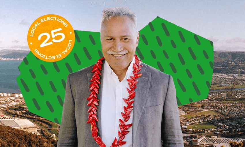 Ken Laban stands superimposed over a shot of Lower Hutt, taken from Wainuiomata hill.