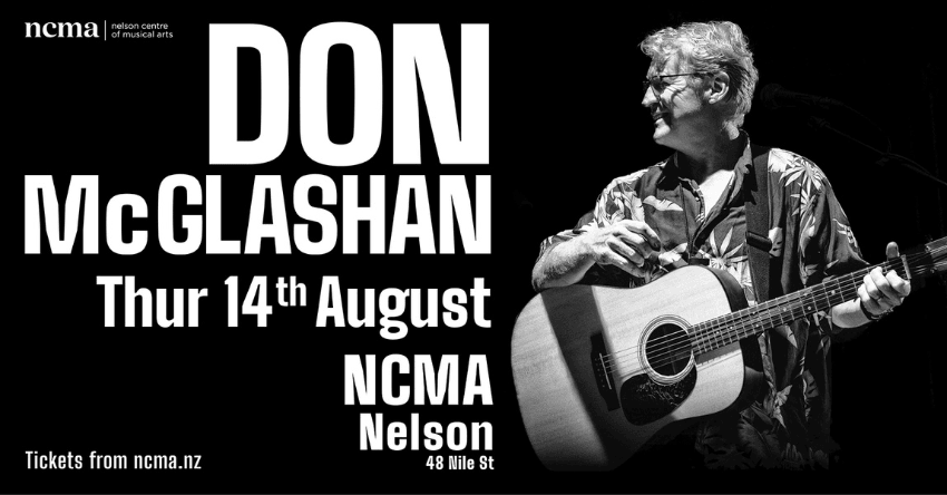 A promotional image for musician Don McGlashan who is featured in the poster with a guitar.