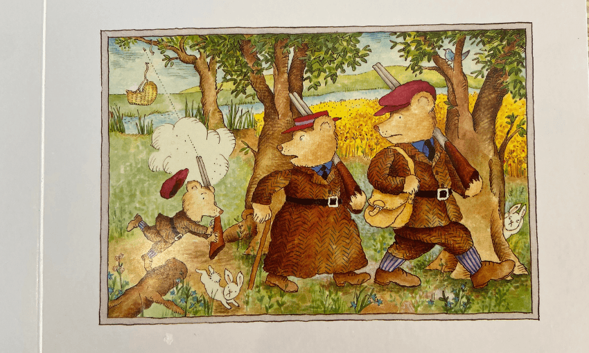 An illustration showing the three bears out hunting but baby bear has tripped, his gun has fired, and shot Baby Bunting's basket down from the tree.