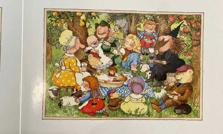 All the characters from Each Peach Pear Plum sitting under the fruit trees and eating a huge plum pie. 