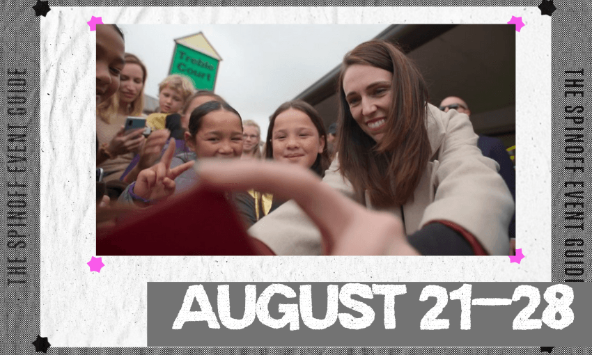 An image showing a film still from a documentary on Jacinda Ardern with dates August 21 - 28 below.