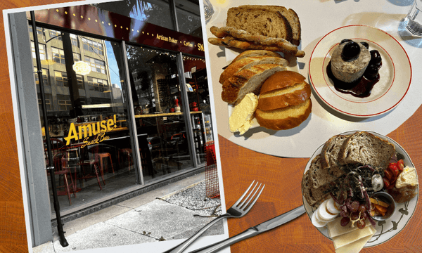 A collage showing Amuse Gourmet Bar’s glass storefront on the left, and two plates of artisanal bread, butter, cheese, and charcuterie with a fork and knife on a table on the right, all against an orange background.