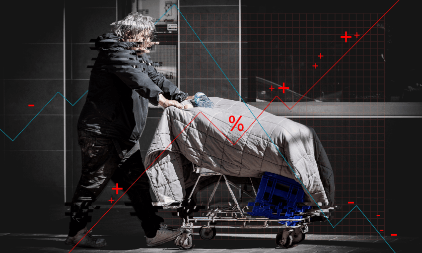 A person with disheveled hair pushes a shopping cart covered in a blanket along a city sidewalk. Overlaid are glitch effects, graph lines, and percentage symbols, suggesting economic or social commentary.