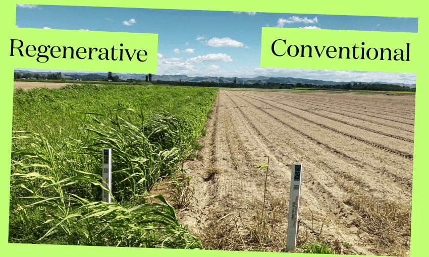 A split image shows a lush, green field labeled "Regenerative" on the left and a dry, barren field labeled "Conventional" on the right, highlighting the difference in farming methods.