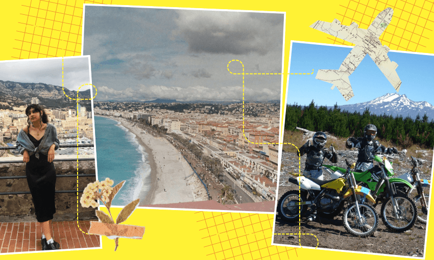 A collage on a yellow background shows a woman posing by a stone wall, a coastal cityscape with a beach, and two people in motocross gear with dirt bikes near mountains. Decorative travel-themed graphics overlay the images.