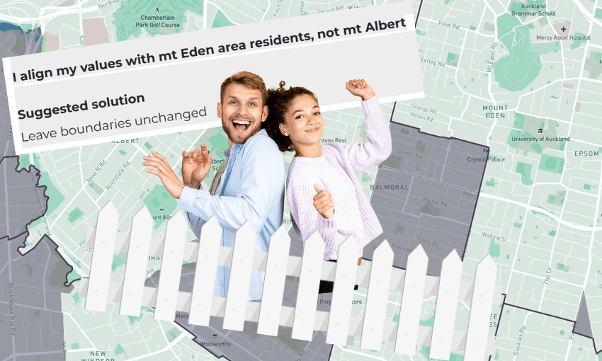 a young man and woman celebrate and look at the camera with a picket fence in front of them and a shaded map of Mount Eden and Mount Albert in the background
