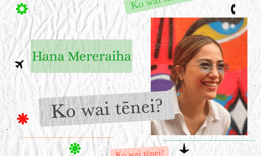 A smiling person wearing glasses and a white shirt stands in front of a colorful mural. Text on the image reads "Hana Mereraiha" and "Ko wai tēnei?" with decorative flowers and arrows on a textured background.