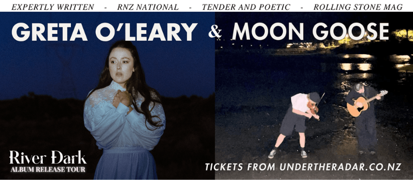 A promotional image for musicians Greta O'Leary and duo, Moon Goose: the image shows O'Leary on the left and Moon Goose at night on the left - they are by the sea and one person has a violin and another with a guitar. There is text overlaid.