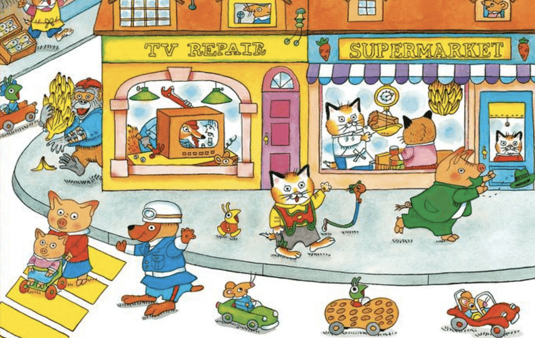 Characters from Richard Scarry Busy Busy Town book use the footpath and road.