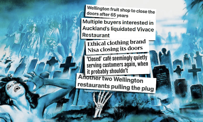 Scared by the headlines? Like the zombies of Night of the Living Dead, do New Zealand’s cafes, restaurants, bars and shops have life in them yet?  (Images: RNZ, Stuff, The Post, Herald, Night of The Living Dead 1968 from IMDB) 
