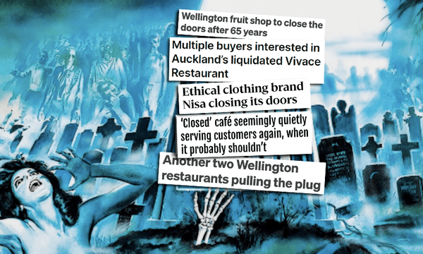 Scared by the headlines? Like the zombies of Night of the Living Dead, do New Zealand’s cafes, restaurants, bars and shops have life in them yet?  (Images: RNZ, Stuff, The Post, Herald, Night of The Living Dead 1968 from IMDB) 
