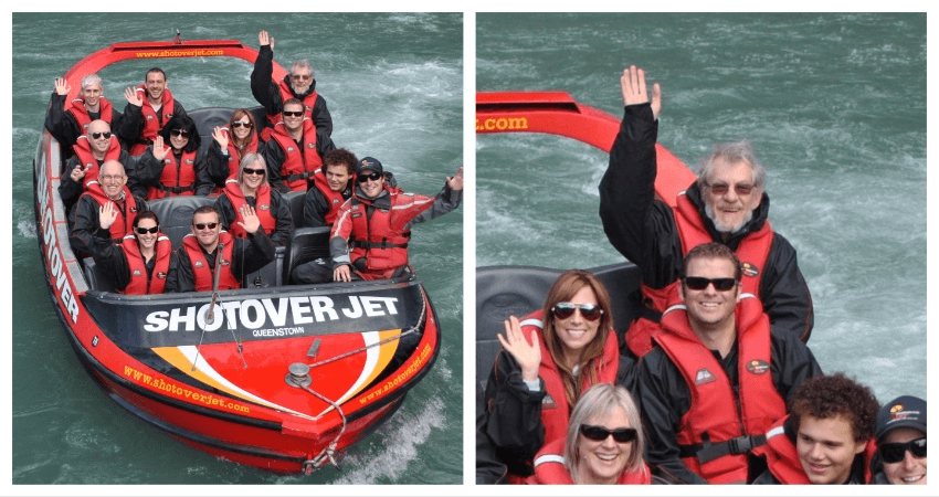 A two panel image with a wide shot of Ian McKellen's shotover on the left, and a close up of him waving on the right. He is very composed