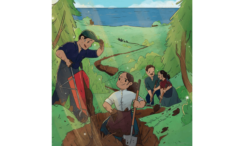 An illustration showing people digging a trench from land to sea.