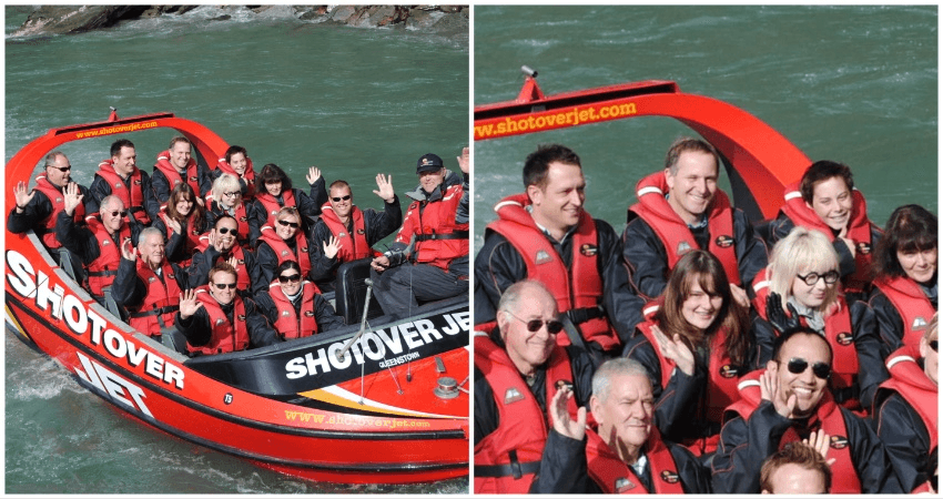 A group of people wearing life jackets wave and smile while riding a bright red Shotover Jet boat on a river, captured from two different angles.