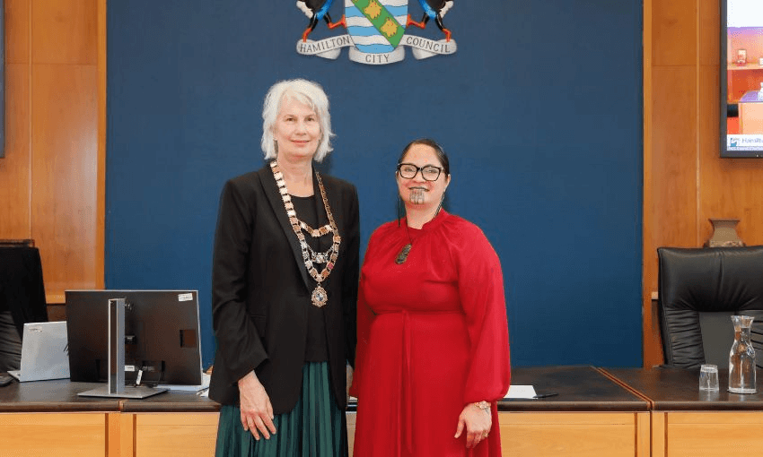 Maria Huata (right) poses with current Hamilton mayor Paula Southgate (left).
