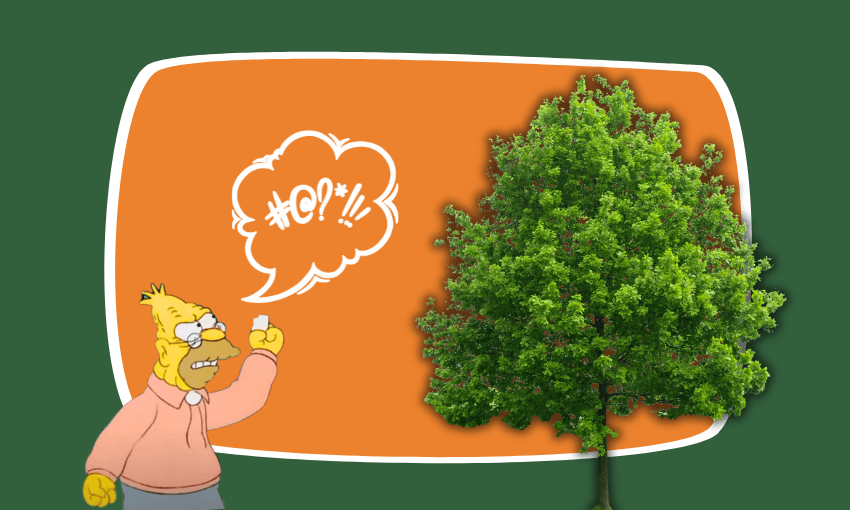 A cartoon elderly man angrily shakes his fist and shouts at a large green tree, with an orange background behind them. A speech bubble with random symbols indicates he is yelling.