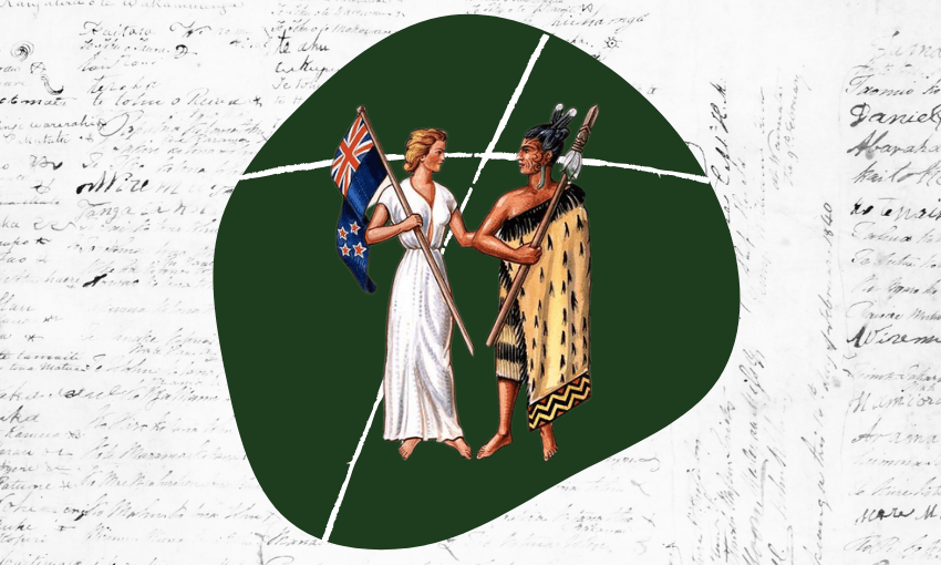 A European woman in a white dress holding a New Zealand flag stands beside a Māori man in traditional clothing, both facing forward, against a green background with handwritten text behind them.