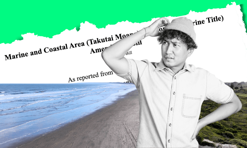 A man in a beanie scratches his head, looking confused. Behind him are a beach landscape and a torn document titled "Marine and Coastal Area (Takutai Moana)." The image suggests uncertainty about the coastal law.
