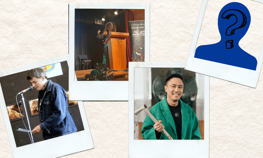 Four polaroid frames: the first has a photograph of David Eggleton who is at a mirrophone and speaking; the second is of Selina Tusitala Marsh who is at a lectern speaking; the third is of Chris Tse who is holding a tokotoko and smiling; the last is of a silhouette with a question mark.
