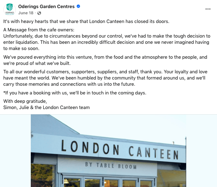 A Facebook post from Orderings Garden Centre announcing the closure of London Canteen