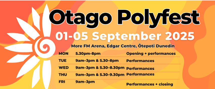 A promotional poster image for Otago Polyfest which is bright orange and yellow with a graphic of a flower. Text is overlaid.