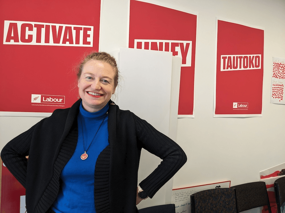 Rachel brooking, awhite middle aged woman with labour part signs behind her smiling in a blue jacket and black jumper