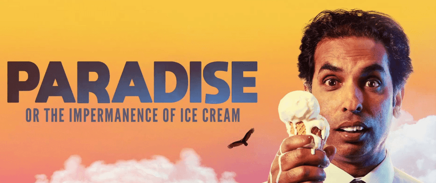 A promotional image for a theatre show called Paradise or the Impermanence of Icecream showing a man with a melting icecream.