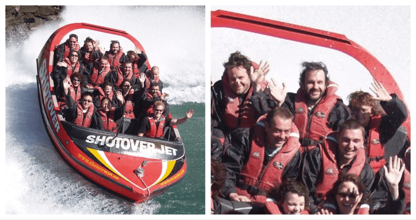 A two panel image with a wide shot of Peter Jackson's shotover on the left, and a close up of him waving on the right. He looks nervous. 