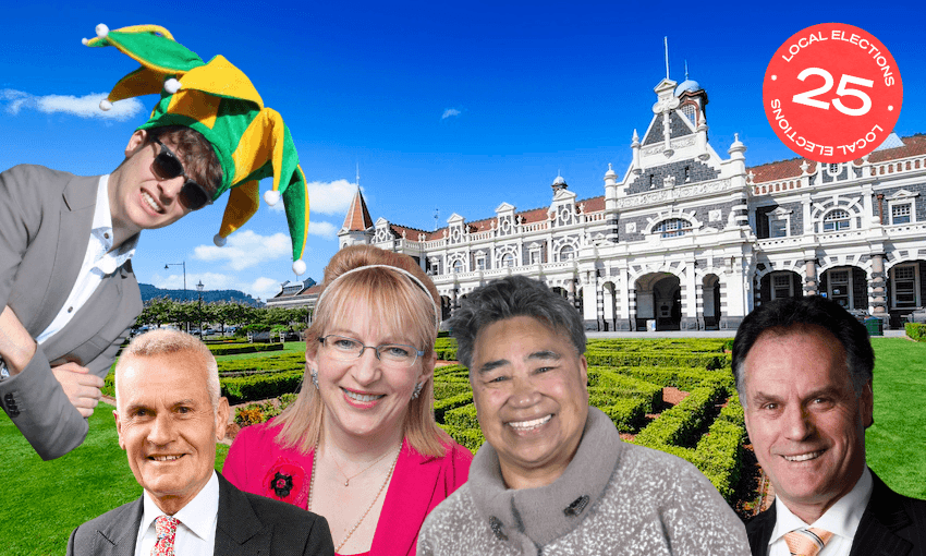 Five smiling adults, one wearing a colorful jester hat, stand in front of an ornate historic building with a manicured garden and blue sky.
