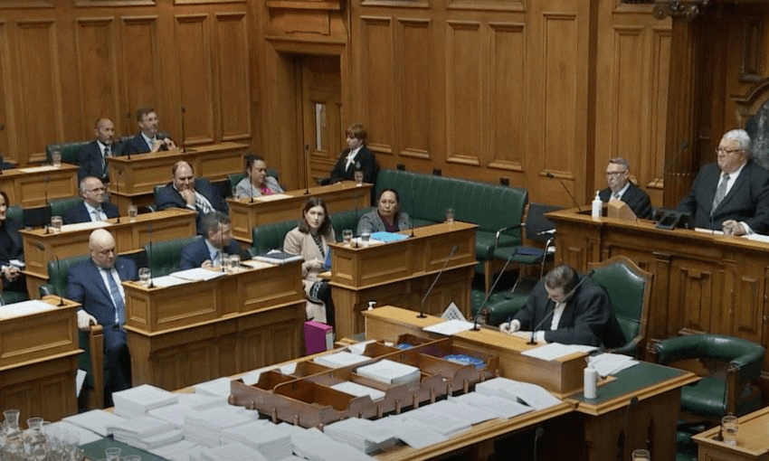 Screenshot from Parliament TV of the government benches, showing Simon Court removing his pin.