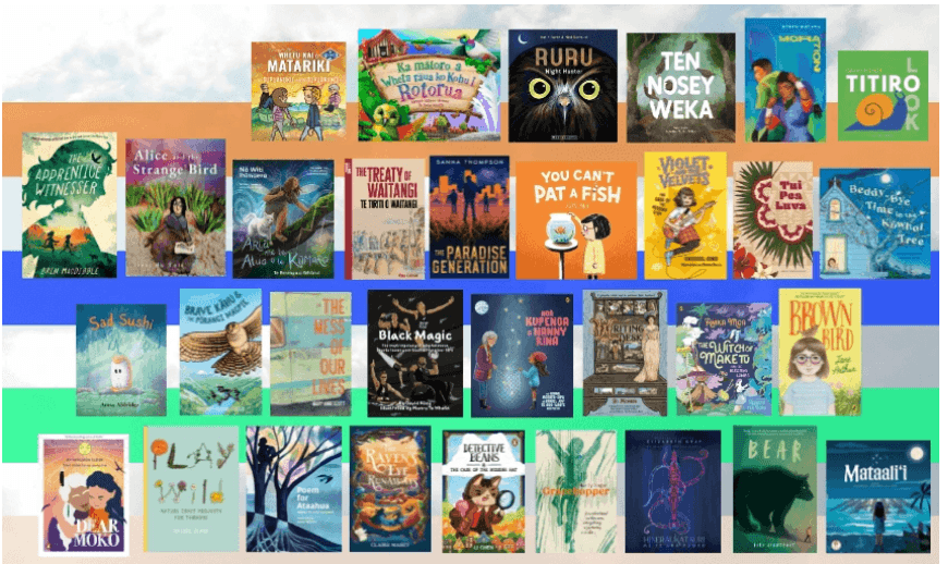 All the finalist’s covers from the 2025 New Zealand Book Awards for Children and Young Adults. Image: Tina Tiller. 
