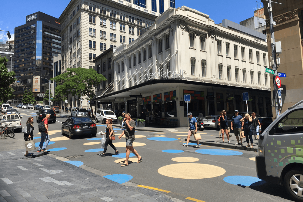 Traffic calming polkadots painted on Shortland Street in Auckland CBD.