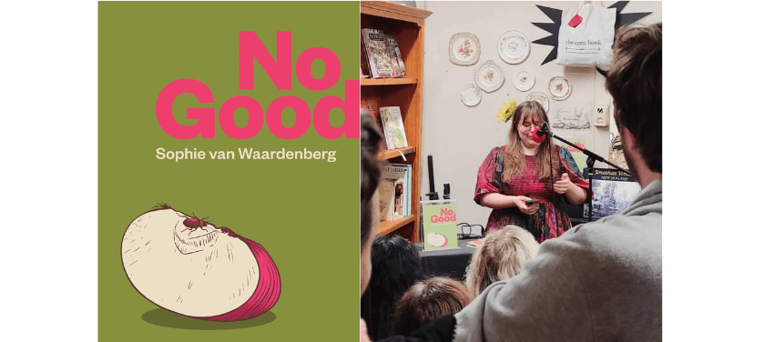 A book cover and a photo of a woman standing behind a shop counter, she is speaking.