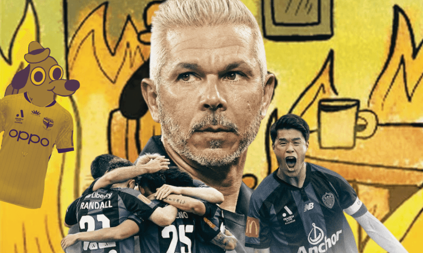 A serious man is surrounded by soccer players celebrating, with a cartoon dog in a yellow jersey and a flaming background from the "This Is Fine" meme. The scene blends sports action and chaotic cartoon imagery.