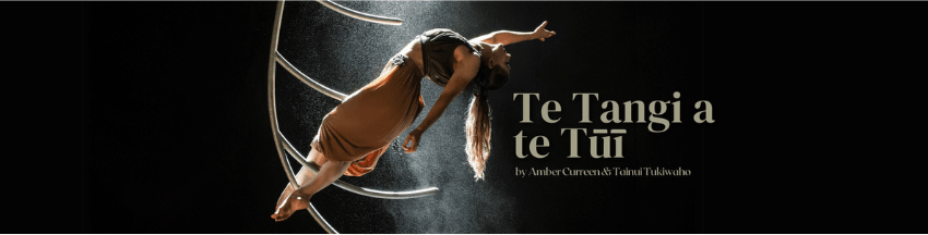 A promotional image showing a circus performer with text beside her.