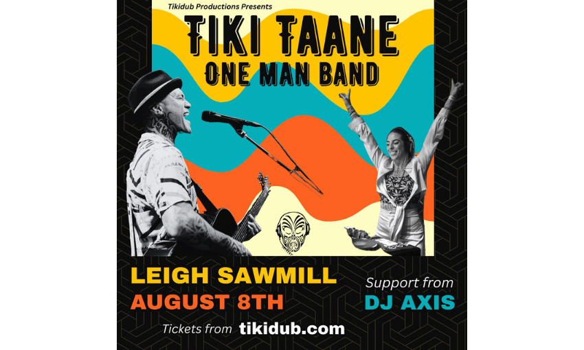 An event poster for Tiki Taane's one man band show which features the musician singing and a woman raising her arms.