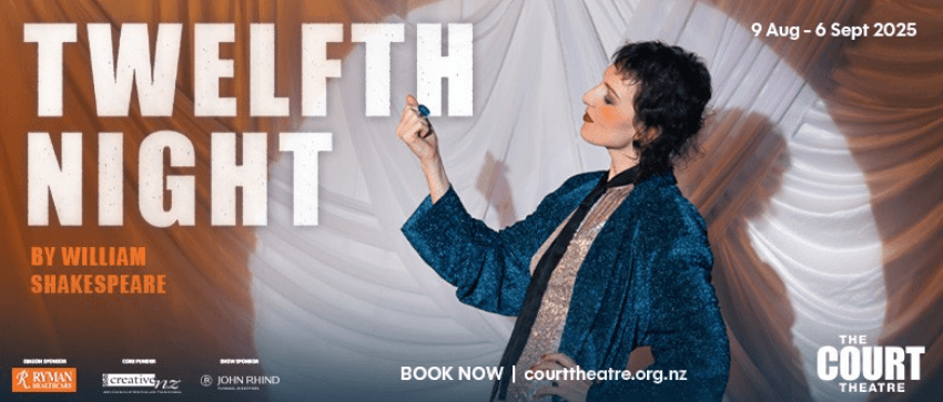 A promotional image for Twelfth Night play at the Court Theatre showing a woman gesturing off stage wearing a dark blue robe. Text is overlaid.