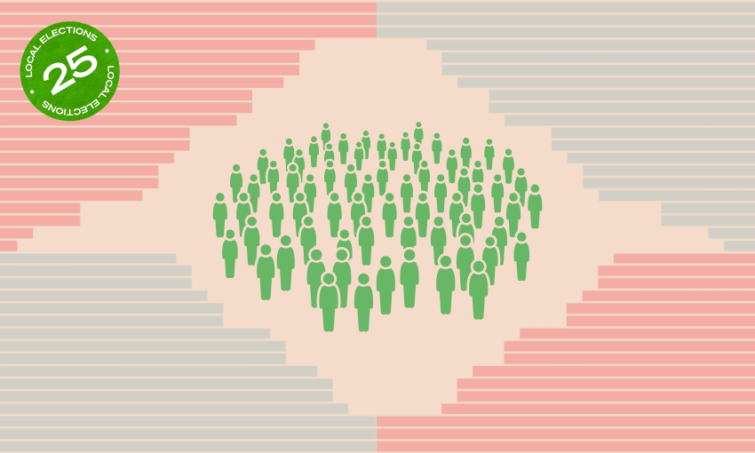An illustration of a green crowd in the center, flanked by red and blue stepped shapes on each side. A green circular badge in the top left reads "LOCAL ELECTIONS 25.