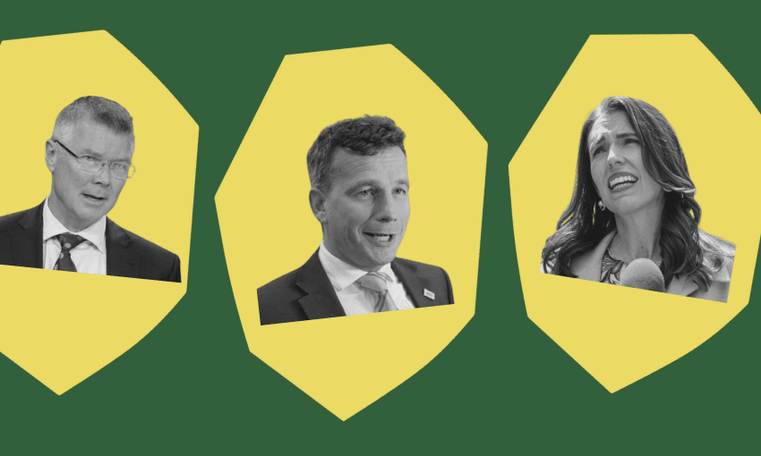 Three people in business attire are shown in black and white, each inside a yellow geometric shape on a green background, appearing as if they are speaking or presenting.