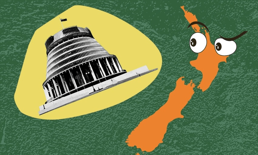 An illustration of New Zealand’s parliament building, the Beehive, on a yellow shape next to an orange map of New Zealand with cartoon eyes, all set against a textured green background.