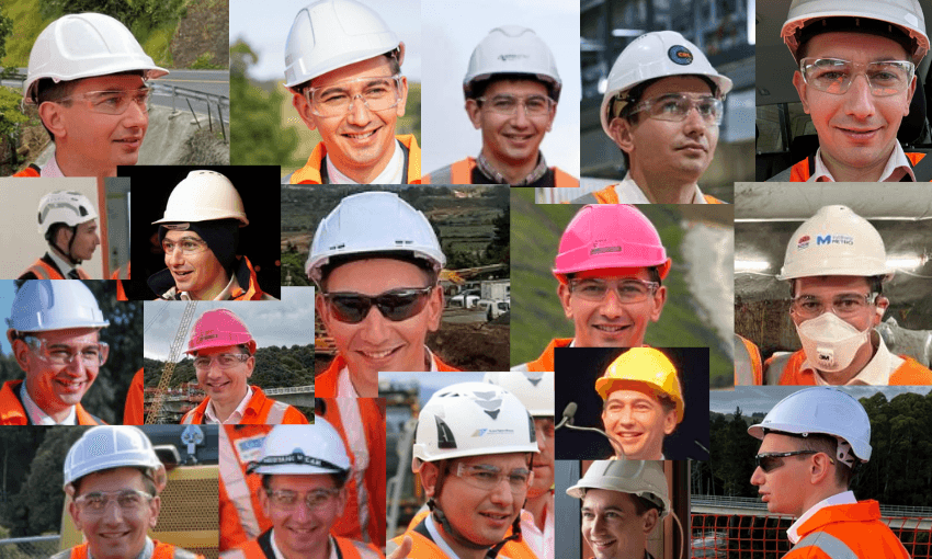 A collage of a man wearing various safety helmets, glasses, face masks, and orange safety vests in different outdoor and indoor construction settings. The man appears smiling in most images.