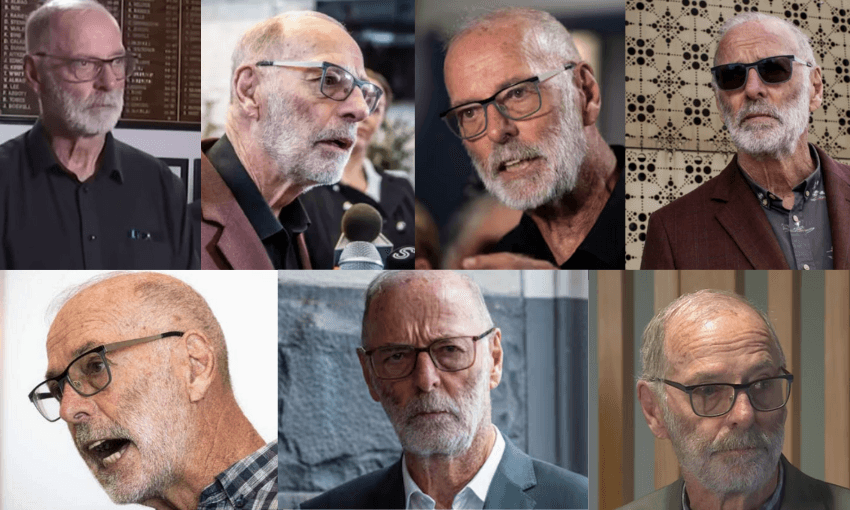 A collage of seven photos featuring an older man with a white beard and glasses, wearing a maroon blazer or similar clothing, shown in various settings and expressions.