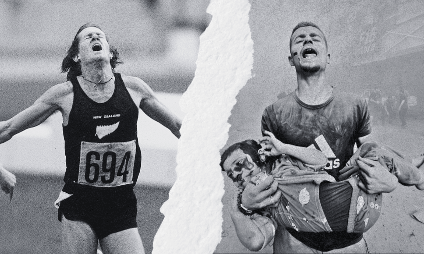 A black-and-white split image: on the left, a New Zealand runner with arms outstretched and mouth open in triumph; on the right, a distressed athlete carries an injured teammate off the field.