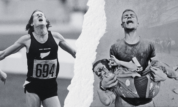A face of triumph as John Walker wins gold in Montreal, and a face of despair from a man carrying an injured Palestinian child. Image: Joel MacManus 
