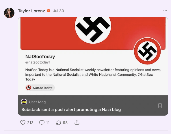 A post from Taylor Lorenz, author of the Substack newsletter Usermag, showing the NatSocToday newsletter.
