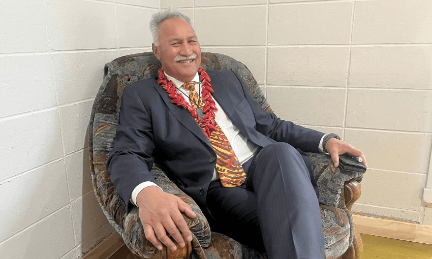Laban, photographed sitting on an armchair in Wainuiomata marae.